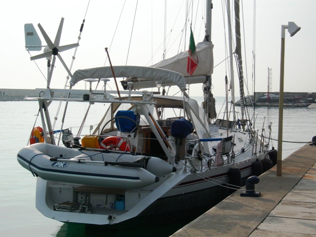 The dinghy carried on the stern davits